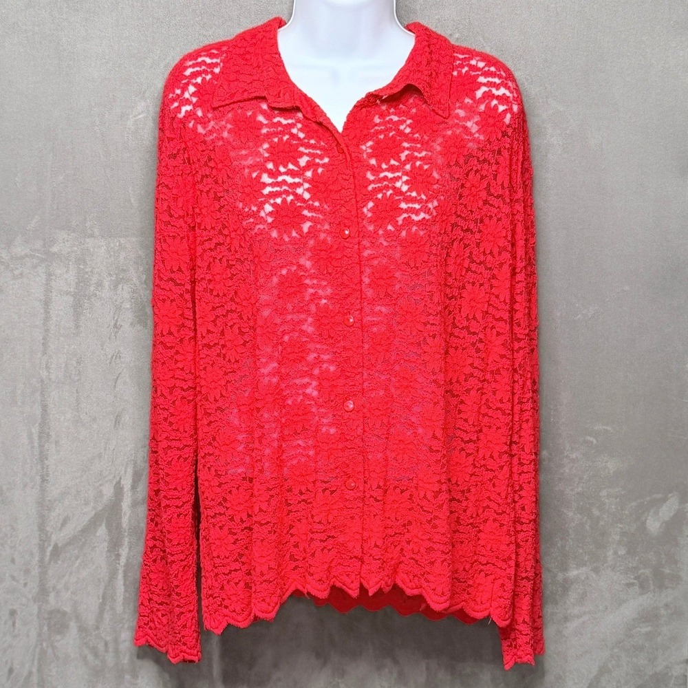 Vtg Sag Harbor Lace Blouse Women M Red Long Sleeve Button Up Sheer Scalloped Hem